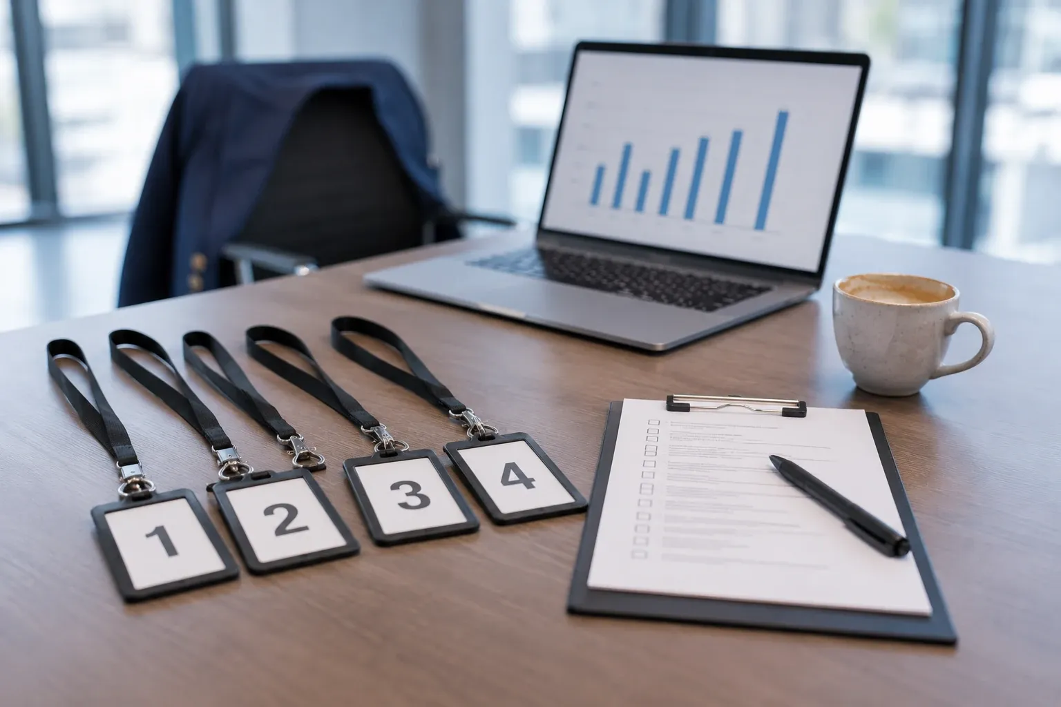 Una scrivania d'ufficio pronta per il team building: laptop, badge numerati, caffè