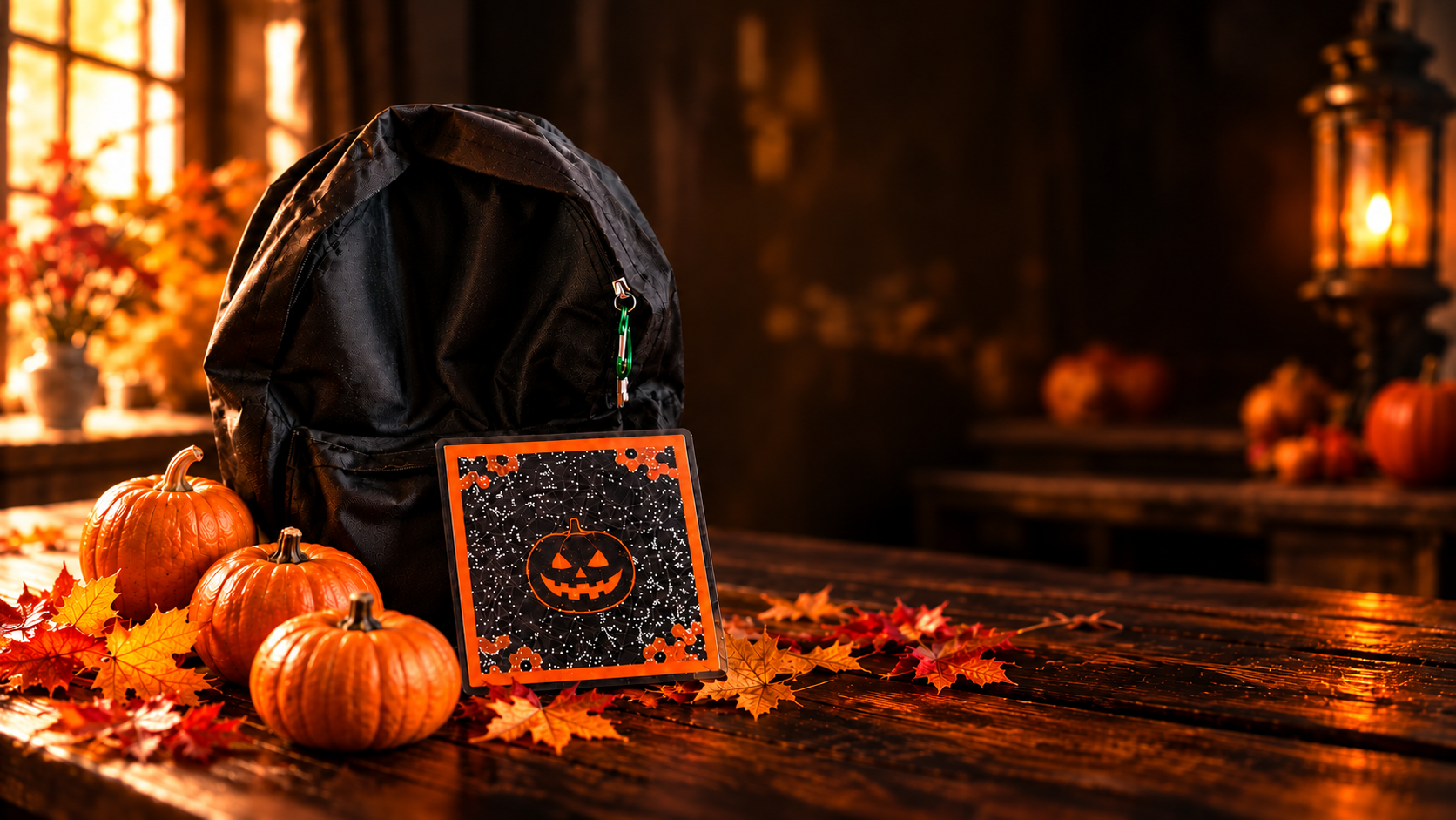 Lo zaino della Caccia alla Zucca con la tessera di Halloween, zucche e foglie d'autunno