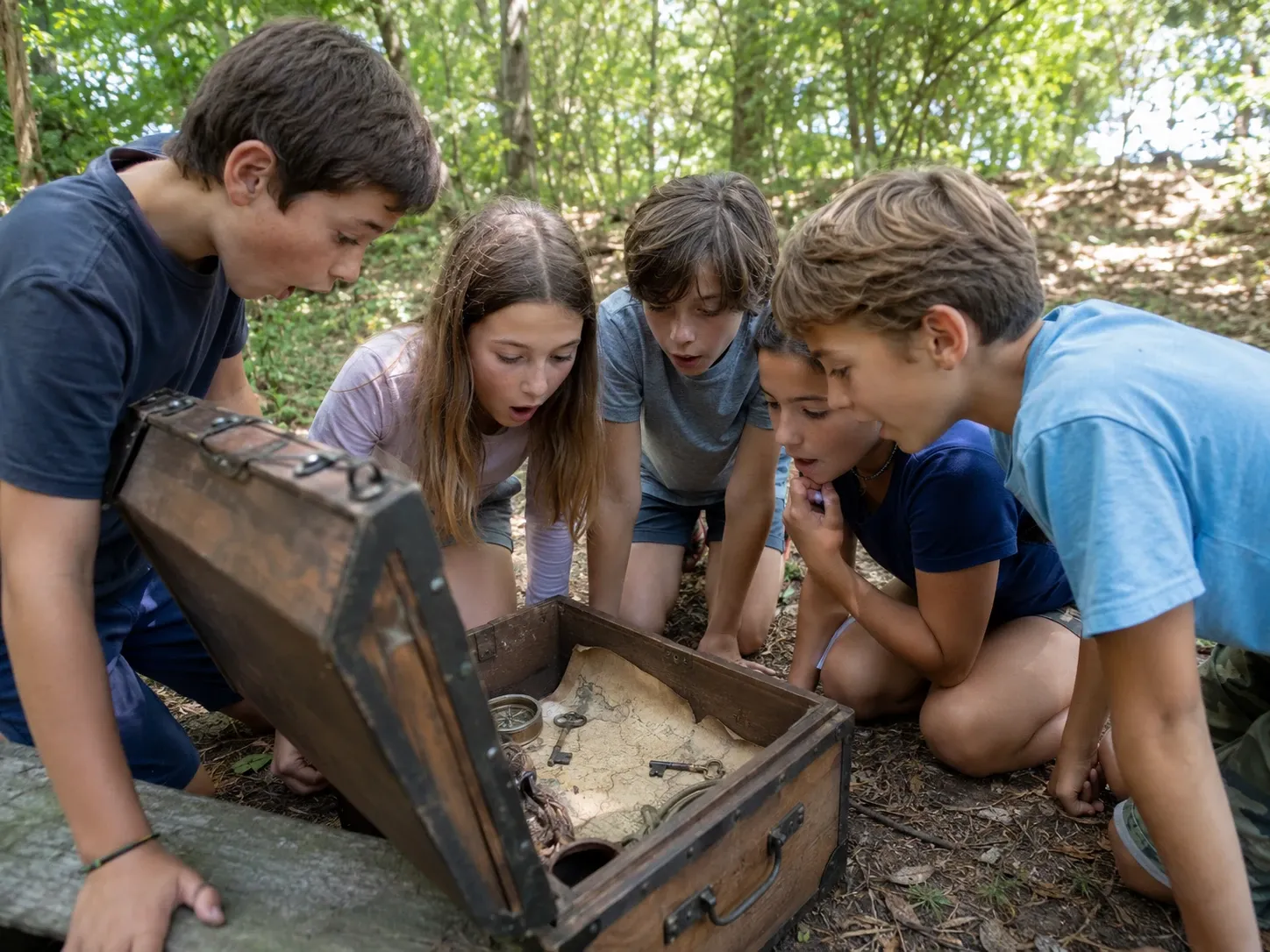 Un gruppo di bambini scopre un baule del tesoro nel bosco