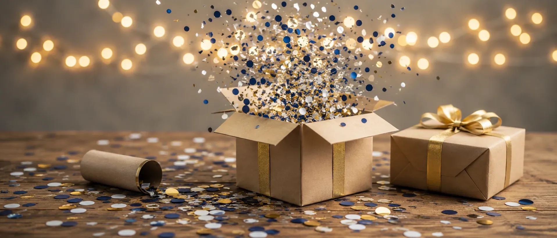 Un regalo aperto tra coriandoli e luci, pronto per qualunque festa