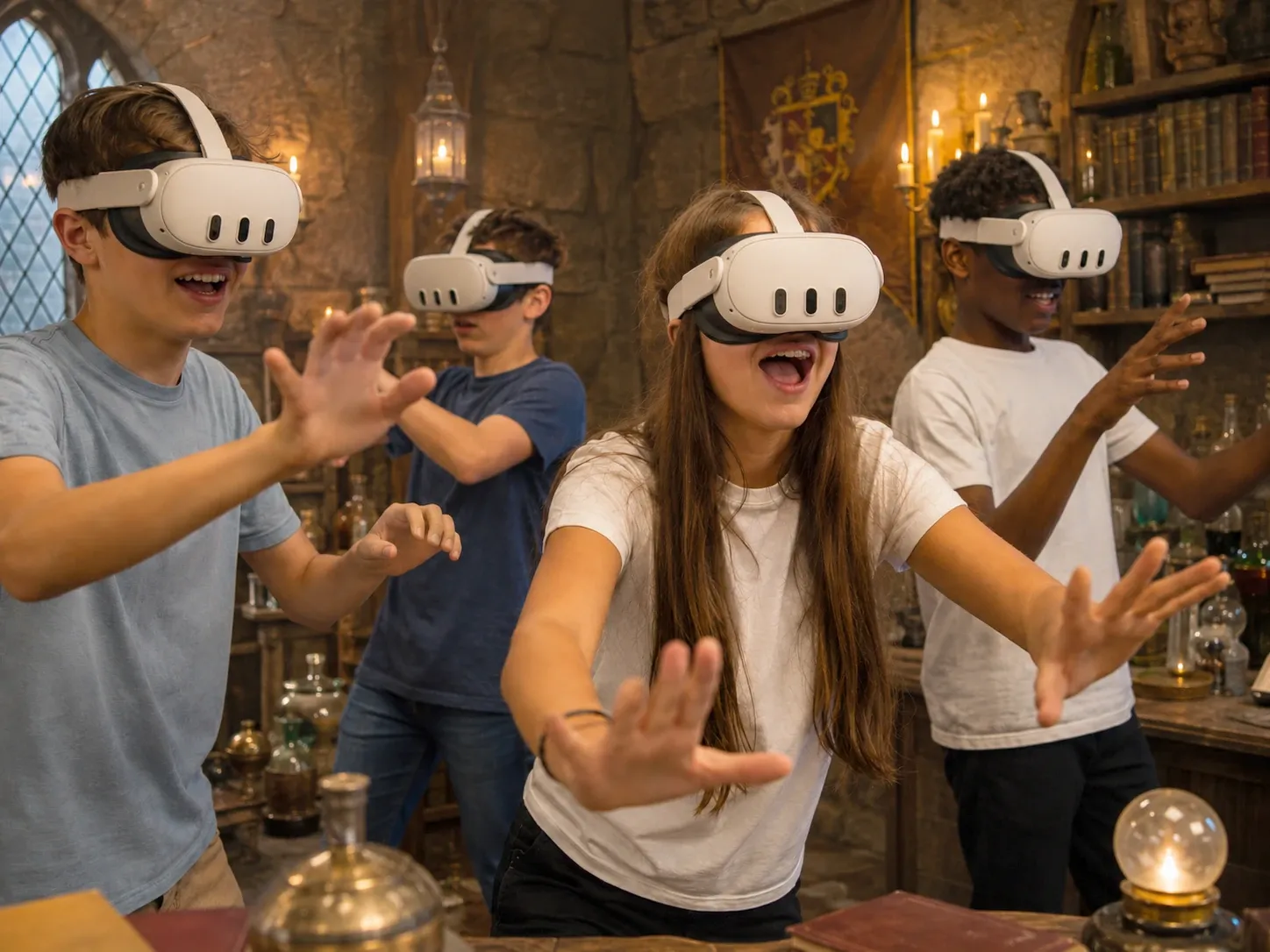Un gruppo di ragazzi gioca in realtà virtuale con i visori Meta Quest 3
