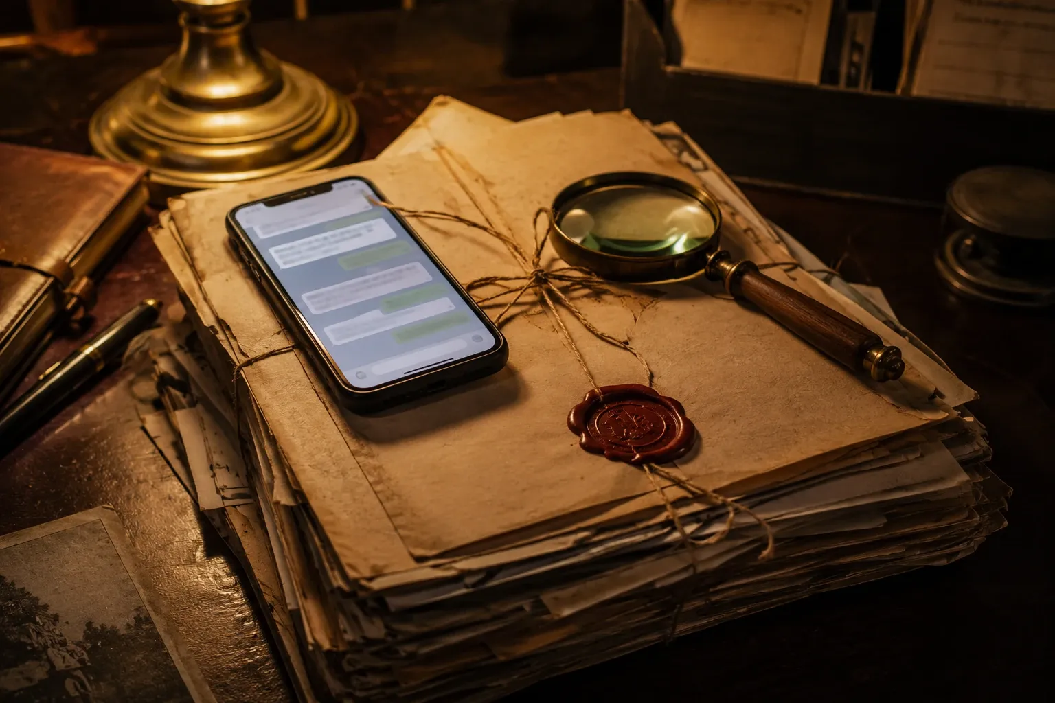 Un dossier investigativo con smartphone e agente in chat
