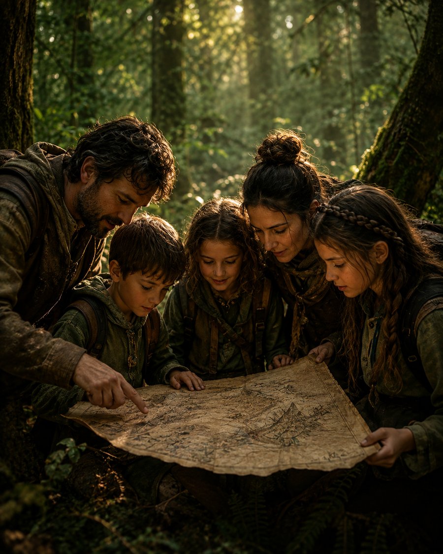 Una famiglia osserva insieme una mappa del tesoro nel bosco