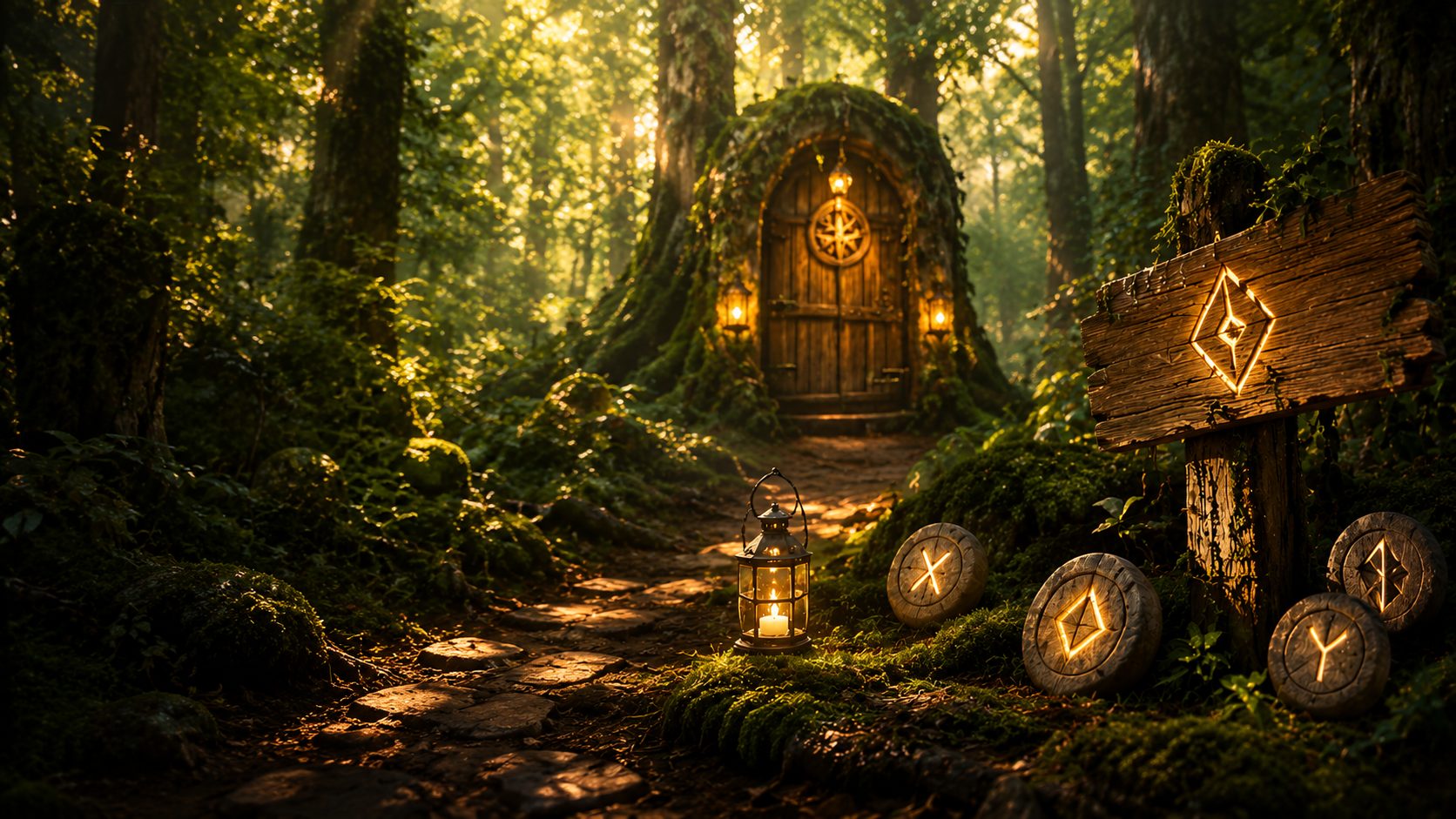 Una porta magica illuminata tra gli alberi del bosco, circondata da pietre runiche