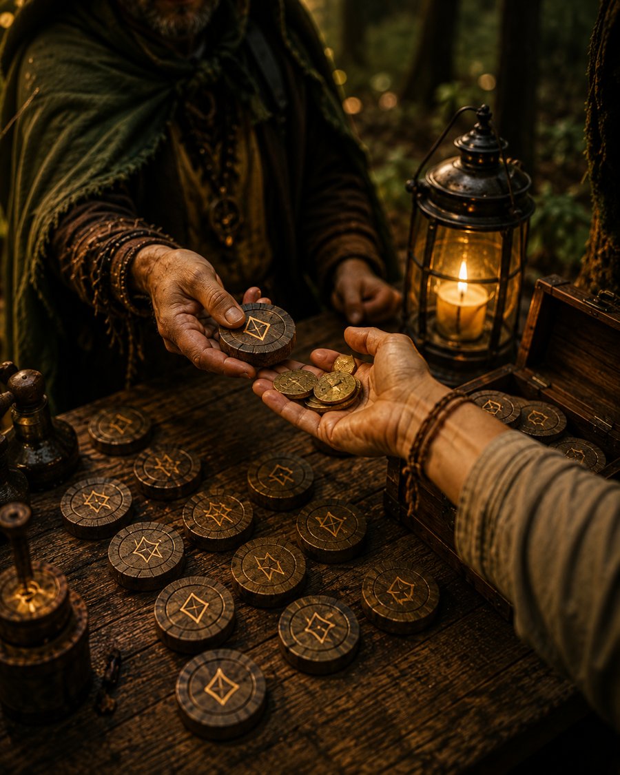 Un Mercante del Bosco scambia monete runiche con un viaggiatore, alla luce di una lanterna